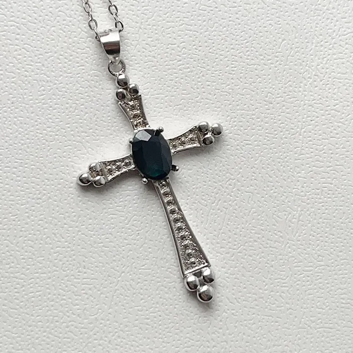Authentic Cross shape 925 Silver Natural Blue Sapphire Pendant with Certificate 7x5mm 1ct Genuine Sapphire Jewelry for Women