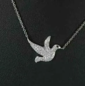 Authentic 1.00Ct Round Cut Real Moissanite Dove Pendant Necklace 18" 14K White Gold Plated