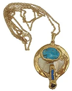 Authentic Vintage Necklace Pend Gold Plated Bezel Inlay Turquoise Lapis MOP Garnet Stones