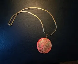 Authentic Vintage Coral Mother of Pearl Pendant w Gold Inlay Gold Plated Flat Chain