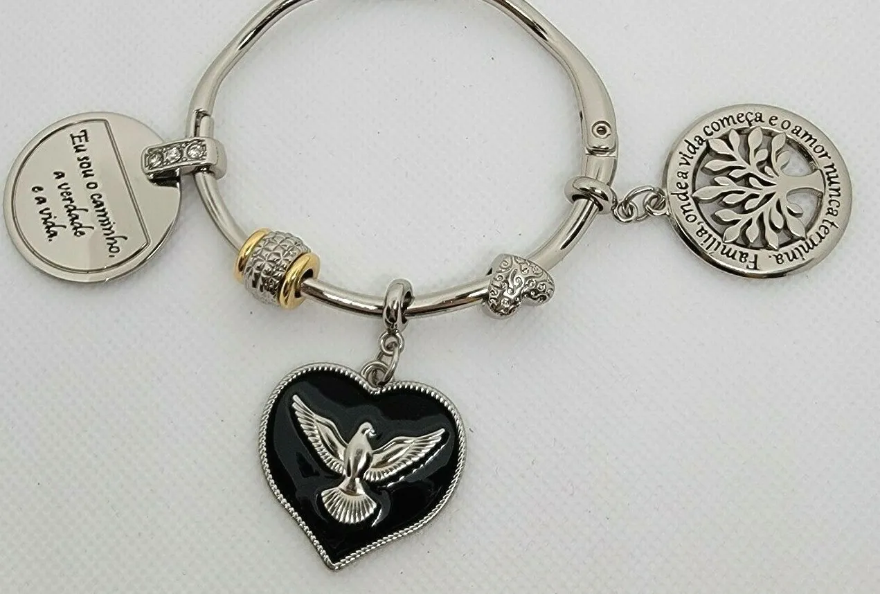 Authentic Family Tree Dove Charm Bracelet White Gold Plated Bangle Hinged Brazil
