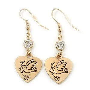 Authentic Gold Plated Heart With Dove, Crystal Drop Earrings - 50mm Length
