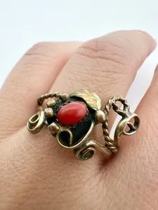Authentic Ancestral Crimson Talisman: Vintage Signed Sterling and 12k Gold Plated Coral Ring