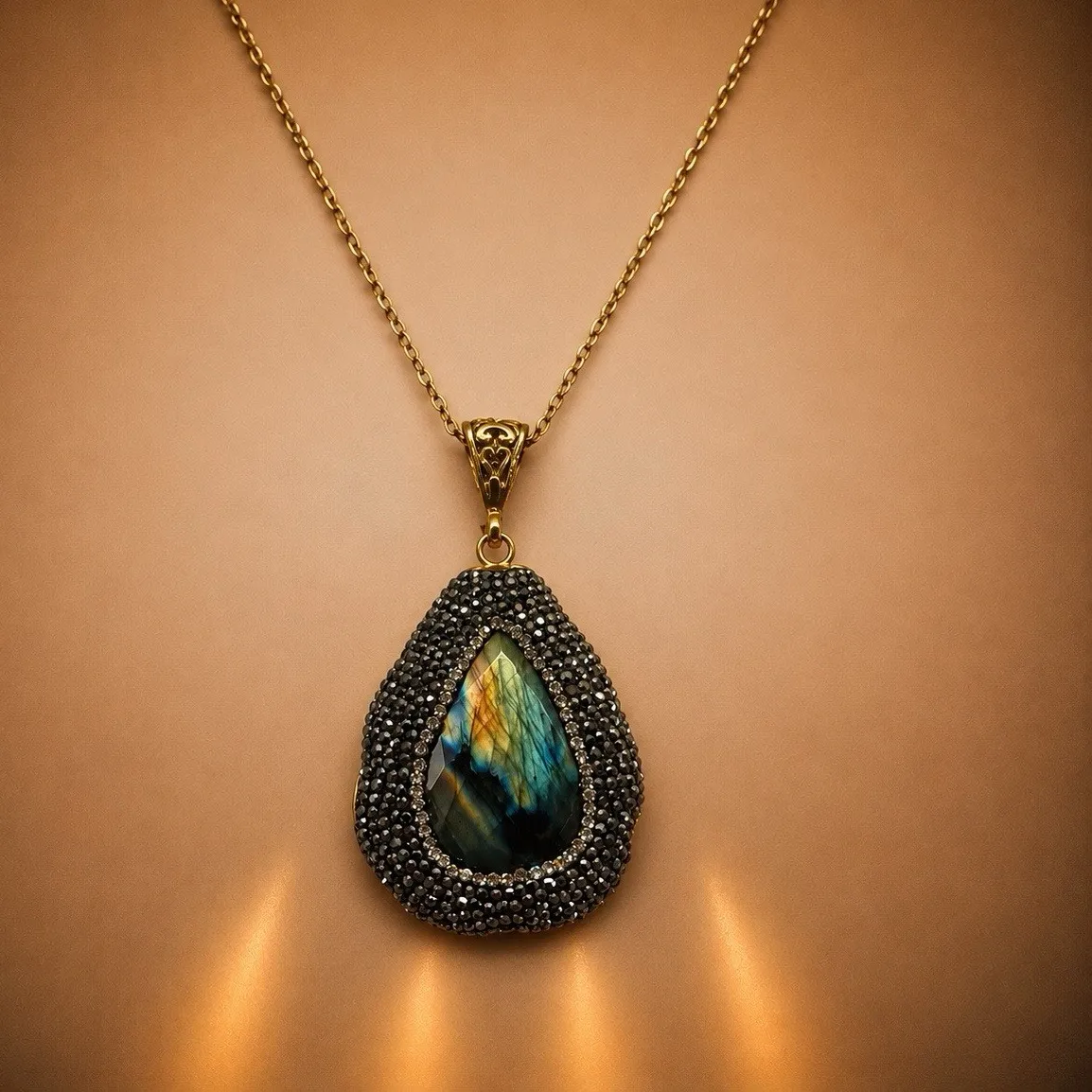 Authentic New 24k Gold Plated Necklace Labradorite Teardrop Pendant Black Crystal Pave