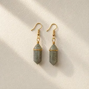 Authentic Celestial Shimmer: Labradorite Geometric Talisman Earrings