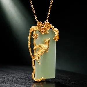 Authentic Jade Phoenix Bird Pendant Necklace 18K Gold Plated 18” Adjustable Chain Vintage