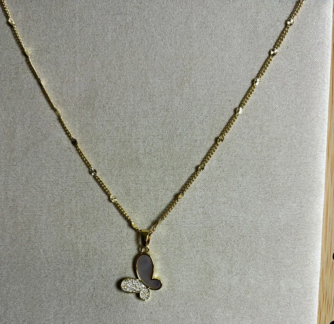 Authentic Gold Plated Necklace18” Butterfly Charm Pendant Clear Pavé Crystal
