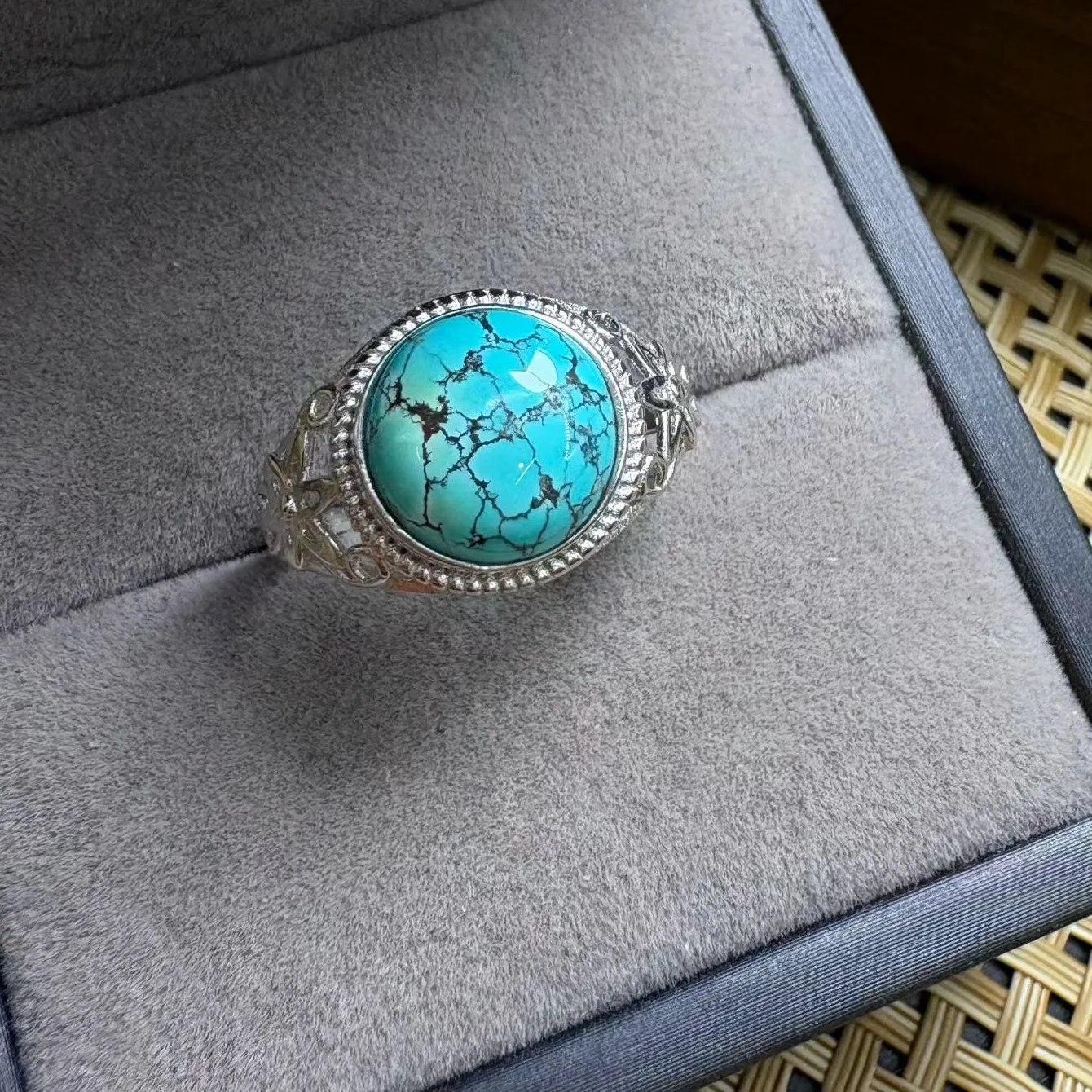 Authentic 1 Pc Fengbaowu Natural Turquoise Ring Round Oval Cabochon Resizable 925 Sterling Silver Reiki Healing Stone Jewelry