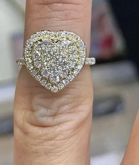 Authentic 2Ct Round Cut Real Moissanite Heart Cluster Wedding Ring 14K Yellow Gold Plated
