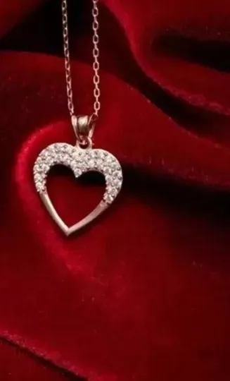 Authentic Heart Shape Pendant Chain 2Ct Round Cut Simulated Diamond 14K Yellow Gold Plated
