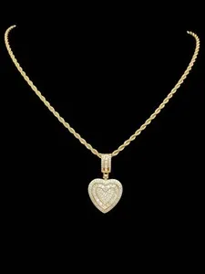 Authentic The Radiant Heart: Iced Out Gold-Plated CZ Pendant and Rope Chain