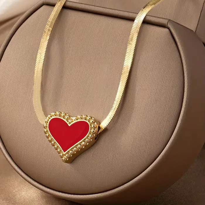 Authentic Women's 18K Gold Plated Stainless Steel Chain Red Heart Pendant Necklace Jewelry