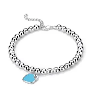 Authentic 18K Gold Plated Heart Blue Onyx Beaded Charm Bracelet Women Jewelry