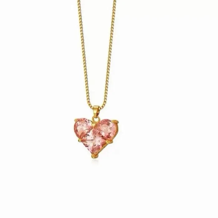 Authentic Pink Heart Pendant Necklace 18K Gold Plated Dainty Cubic Zirconia Necklace 027