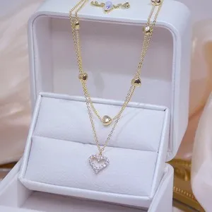 Authentic 14k Gold Plated Double Layer Heart Necklace AAA Zircon Women's Pendant Jewelry