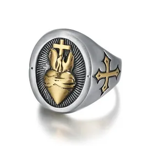 Authentic Silver/Gold Plated Mens Catholic Sacred Heart Of Jesus Cross Ring Size 7 8 9-15