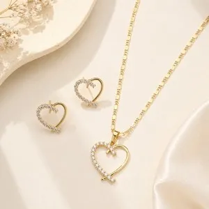Authentic 18K Gold Plated Heart Jewelry Set CZ Necklace 18" And Stud Earrings for Her