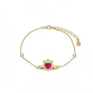 Authentic 925 Sterling Silver Gold Plated Claddagh Bracelet Ruby Red Heart Adjustable