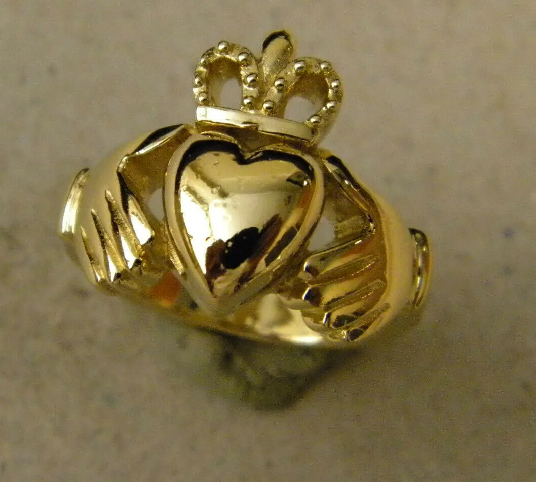 Authentic Lady's Women's Solid Yellow Gold Plated Irish Heart Claddagh Ring Band Size 7