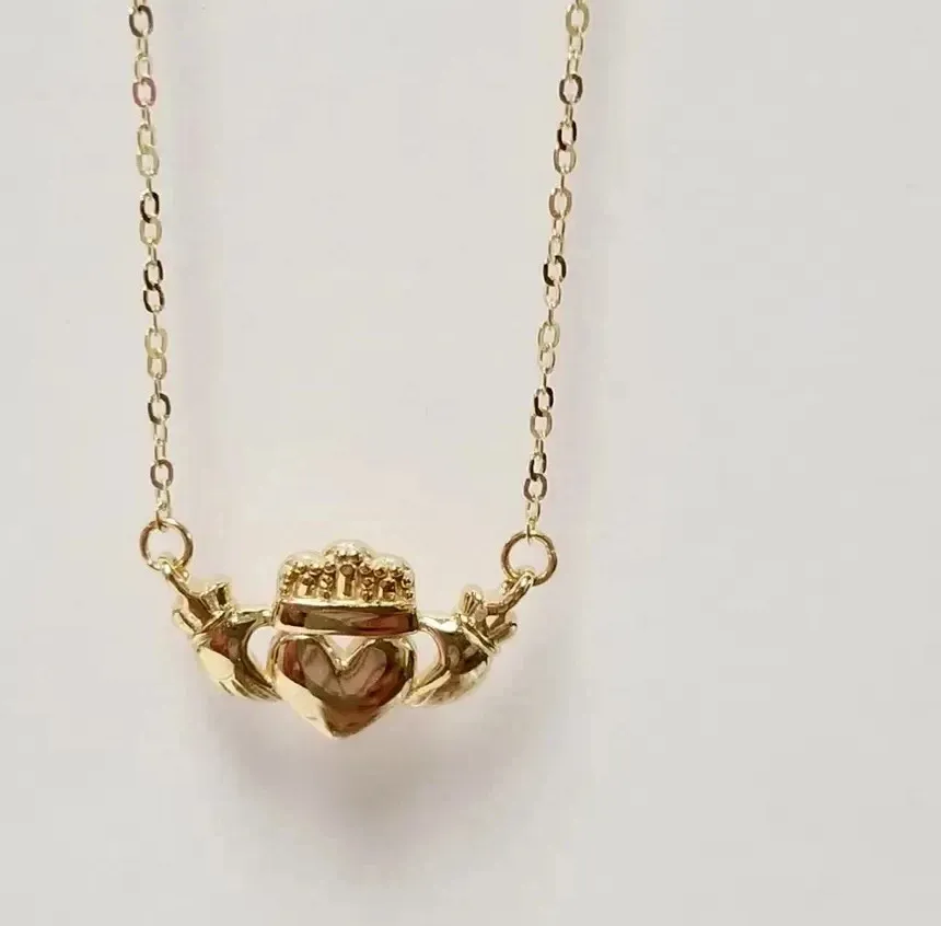 Authentic 14k Yellow Gold Plated Silver Claddagh Irish Heart Hands Crown Pendant Necklace