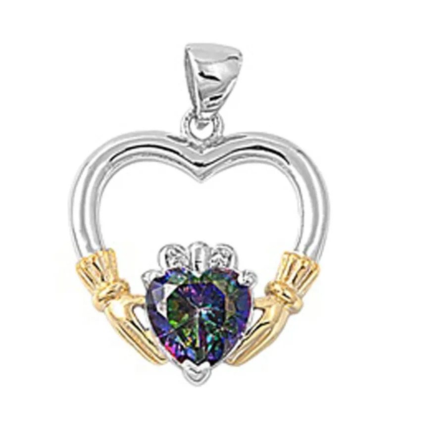 Authentic Celestial Claddagh Heart Talisman – Gold‑Plated Sterling Silver Pendant with Rainbow Aura Charm