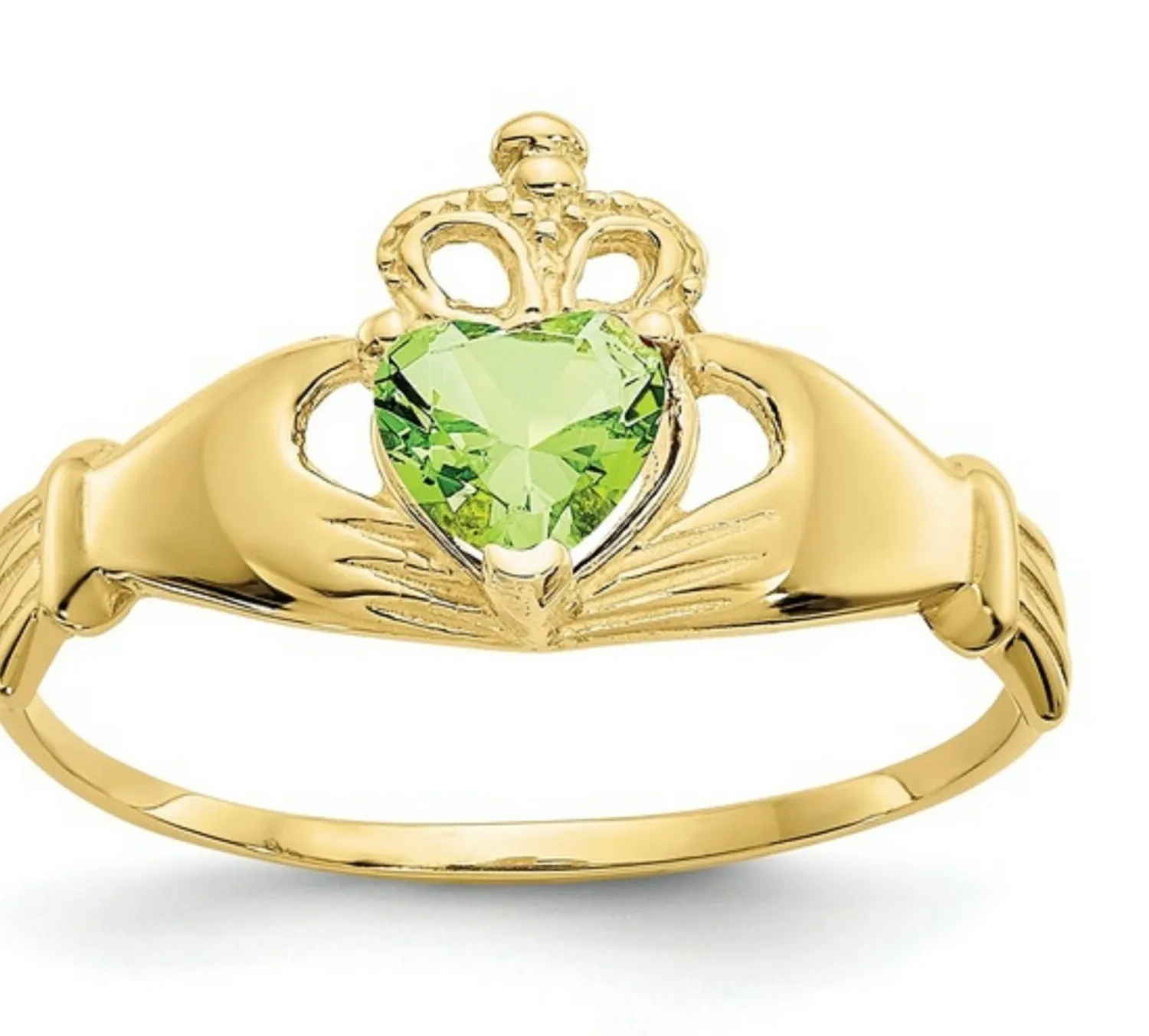 Authentic 18K Yellow Gold Plated Heart Peridot August Birthstone Claddagh Heart Ring