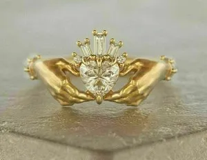 Authentic 14K Yellow Gold Plated 2Ct Heart Cut Real Moissanite Claddagh Wedding Ring