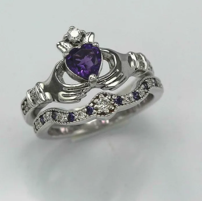 Authentic Amethyst Heart's Abundance: 2ct Purple Amethyst Claddagh Bridal Set