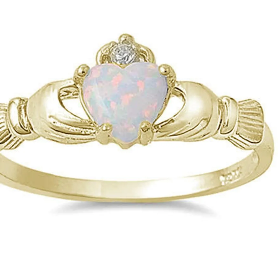 Authentic Celestial Claddagh: White Opal & Gold‑Plated Sterling Silver Ring of Love