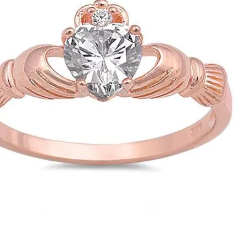 Authentic Rose Gold Plated Irish Claddagh & Cubic Zirconia .925 Sterling Silver Ring