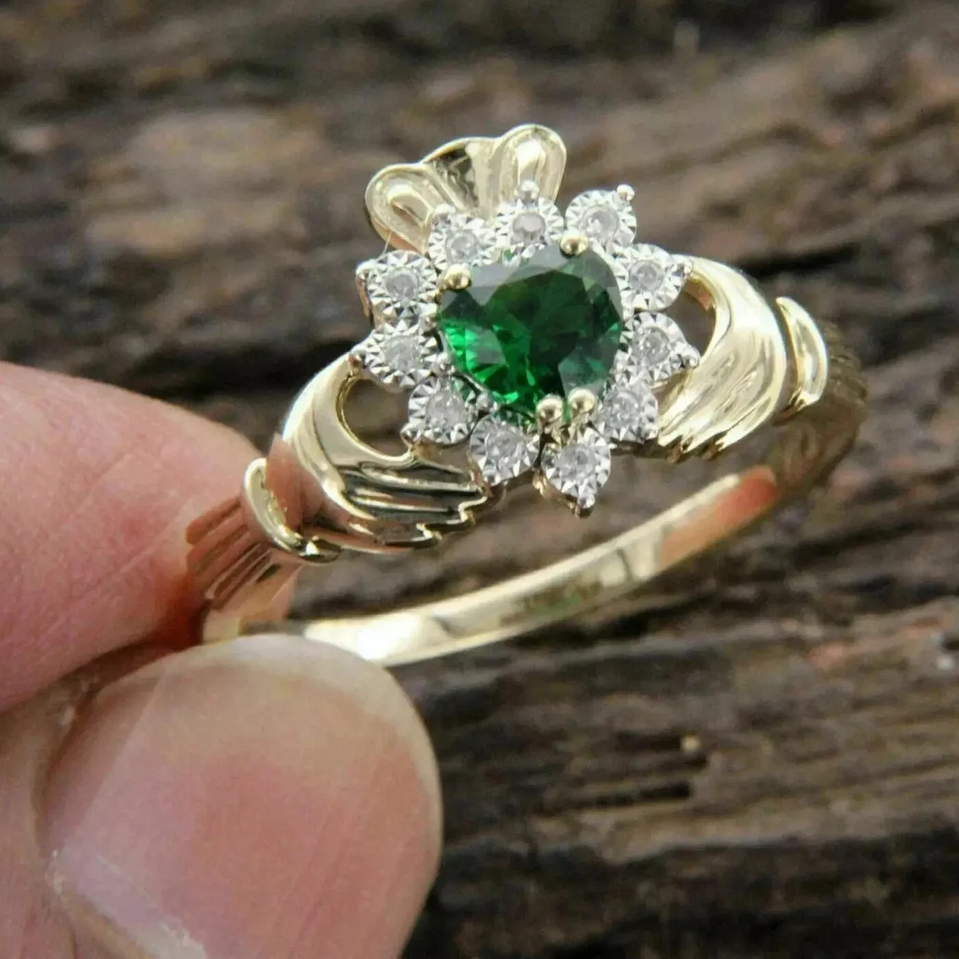 Authentic 14K Two Tone Gold Plated Silver Lab-Created Vintage Green Emerald Claddagh Ring