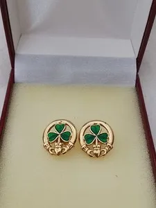 Authentic Gilded Emerald Isle Solvar Shamrock and Claddagh Pierced Earrings