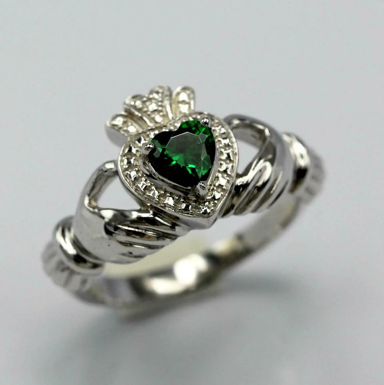 Authentic 1.02ct Natural Emerald Engagement Ring Claddagh Irish 14k White Gold Plated