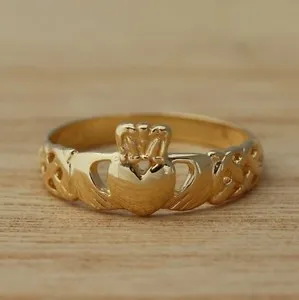 Authentic Yellow Gold Plated on Real 925 Sterling Silver Claddagh Band Ring Celtic Knot