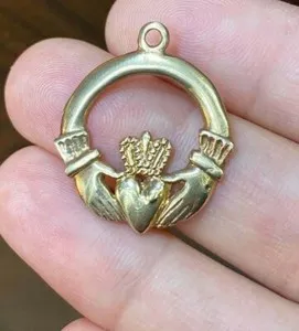 Authentic Solid Metal Men's Irish Claddagh Pendant 14K Yellow Gold Plated Silver