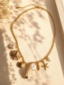 Authentic Beach Sea Life Charm Necklace Shell Pearl Cable Chain Lobster 18k Gold Plated