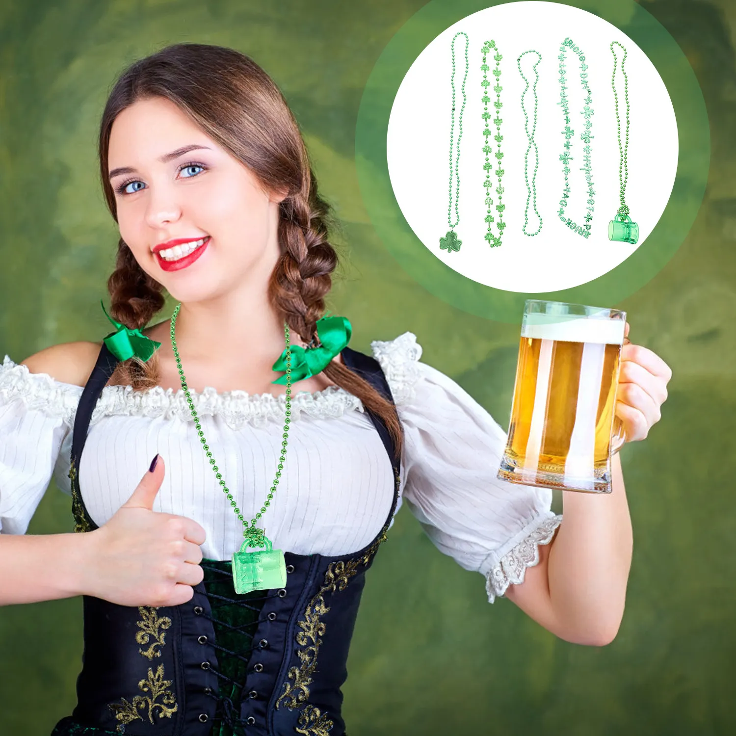 Authentic 5Pcs Green Shamrock Necklace Set St Patrick's Day Party Favor Clover Neck Chain for Parades Concerts Bars Ireland