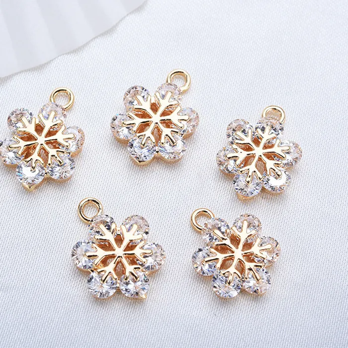 Authentic (984)4PCS 24K Champagne Gold Color Plated Brass with Zircon Snowflake Charms Pendants High Quality Diy Jewelry Accessories
