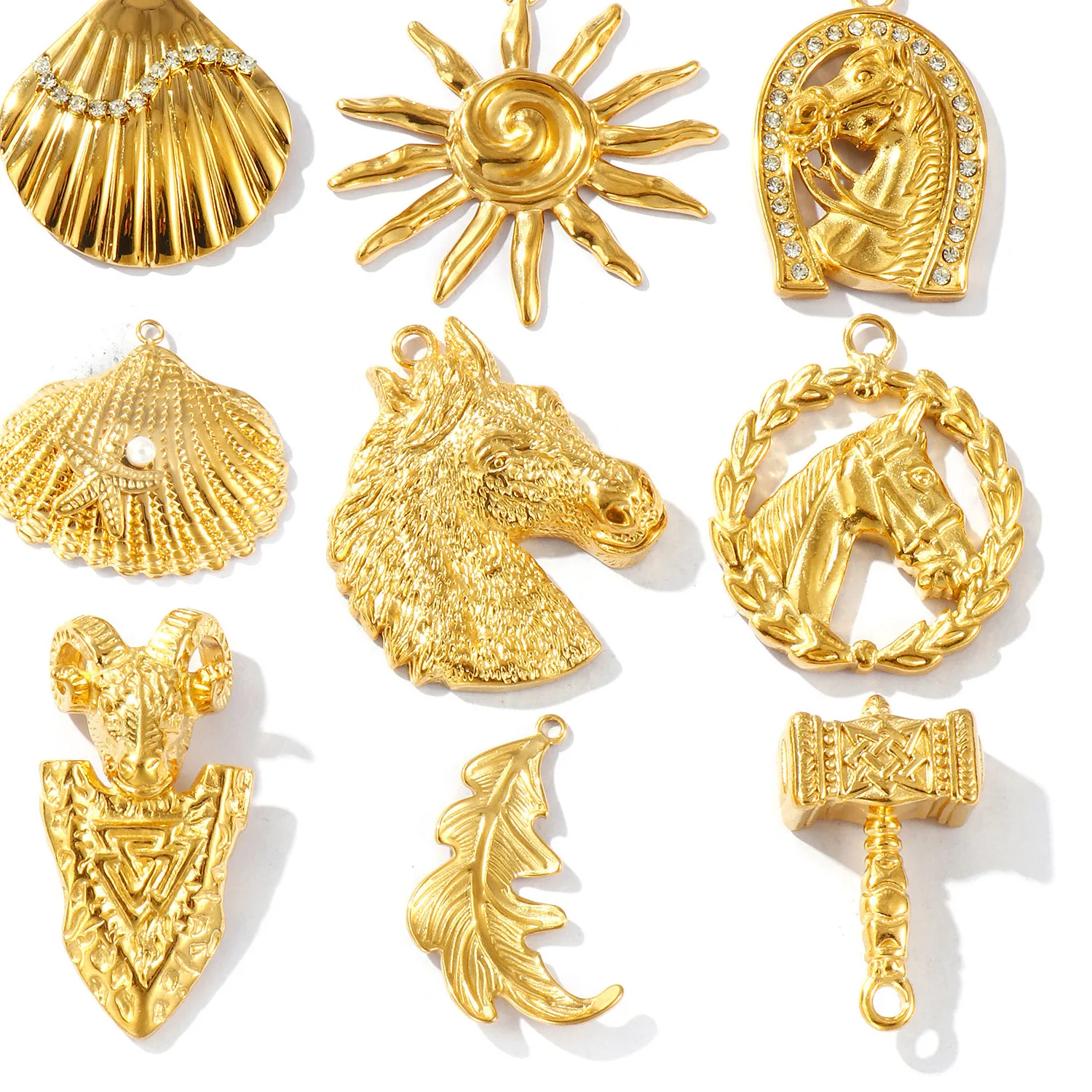 Authentic 1PC 18K Gold Plated Charms Sun Shell Horse Arrowhead Feather Hammer 304 Pendant For DIY Necklace Jewelry Making