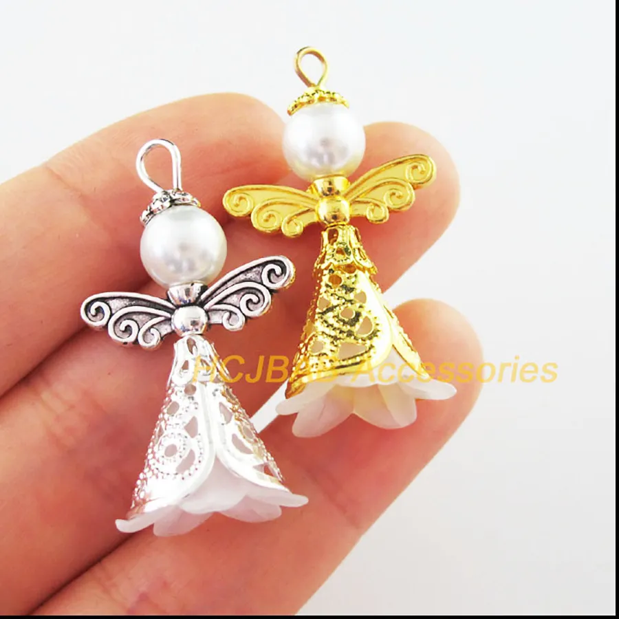 Authentic 8 Tibetan Silver Plated Gold Color Charms White Acrylic Angel Wings Pendants 22x37mm