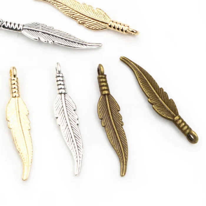 Authentic 30pcs 31x6.5mm Feather Charms Pendants Bronze Antique Silver Plated KC Gold DIY Jewelry Making Findings for Necklace Bracelet