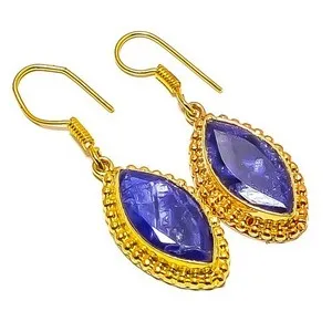 Authentic Celestial Azure Elegance: Simulated Blue Sapphire 18k Gold Plated Talisman Earrings