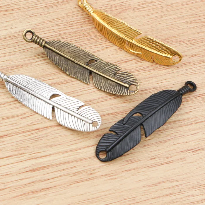 Authentic 6pcs 46x11mm Black/Antique Silver Plated /Bronze/Gold Color Feather Handmade Charms Pendant:DIY for bracelet necklace