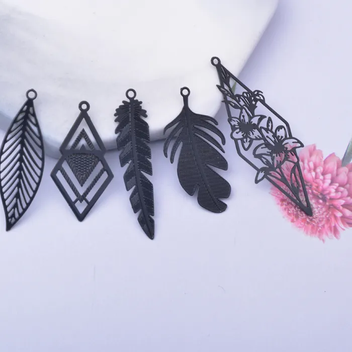 Authentic 12pcs Brass Black White Feather Leaf Jewelry Charms  DIY Making Earring Jewelry Findings