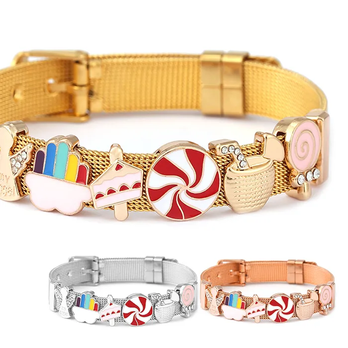 Authentic Gold Color Stainless Steel Strap Mesh Bracelets For Women Lollipop Angel Beads Charm Watch Keeper Bracelet Bangle Kids Jewelry