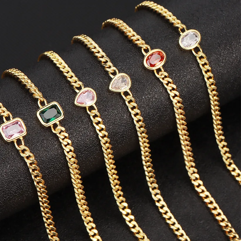 Authentic CSJA Gold Color Chain Bracelet for Women Drop Oval Retangle Crystal CZ Bead Charm Bangle Bracelets Jewelry T036