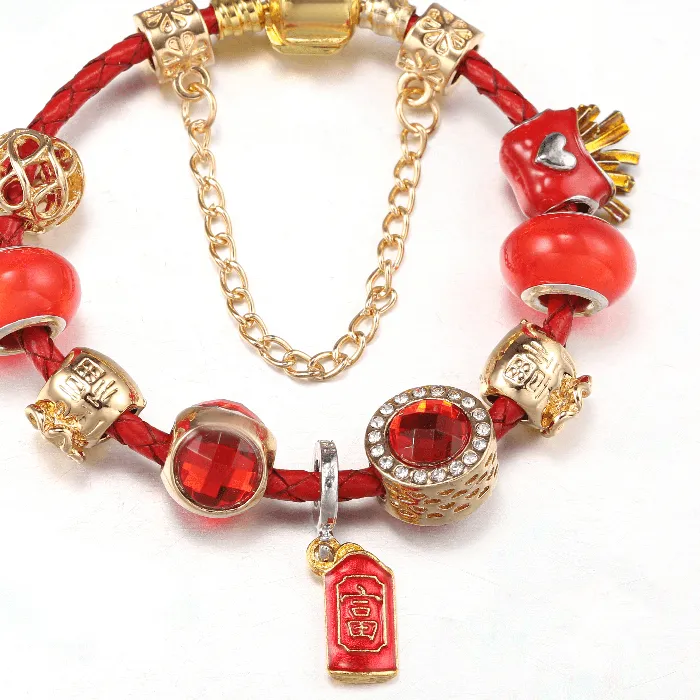 Authentic Gold Color French Fries Beads Bracelets With Leather Chain Bracelets For Women Men Fiancee Bijoux Pulseras Jewelry Gift