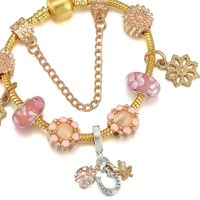 Authentic Gold Color Love Heart Beads Charm Bracelets & Bangles With Feather Pendant Bracelet For Women Wife Jewelry Pulseira