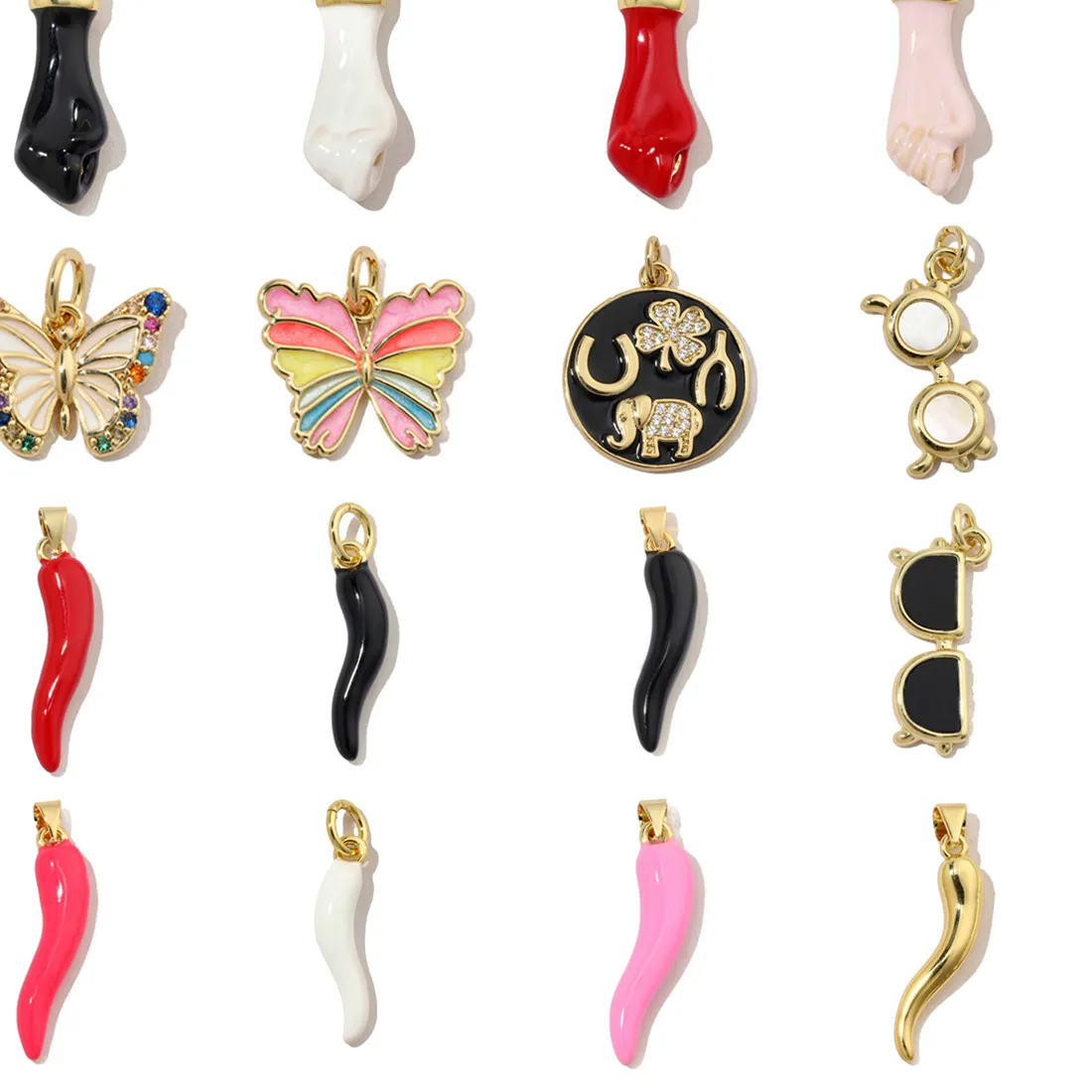 Authentic 3pcs/Lot 18k Gold Plated Paprika Glasses DIY Charms Women Cubic Zircon Butterfly Necklace Pendants Good Luck Elephant Jewelry