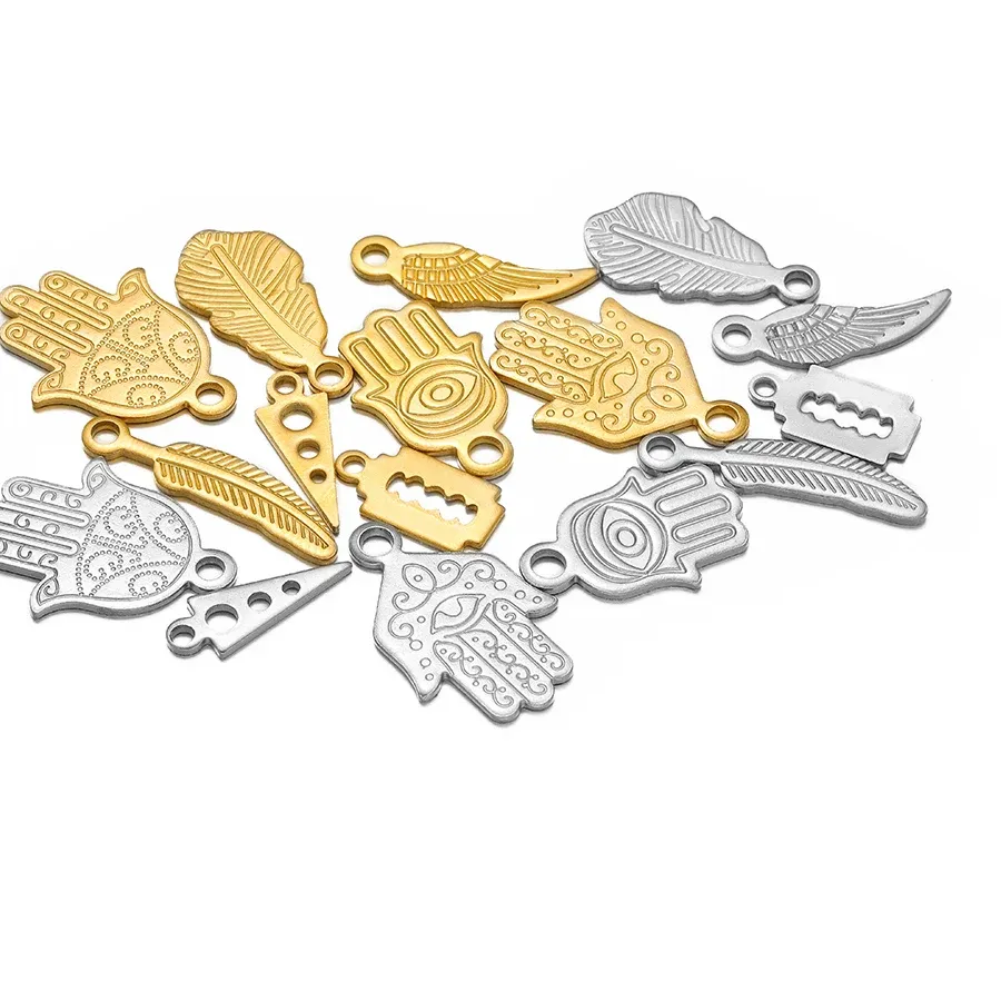 Authentic 20pcs Stainless Steel Feather Wing Palm Charms Gold Plated Pendants for DIY Necklace Bracelet Jewelry Making Findings Wholasale
